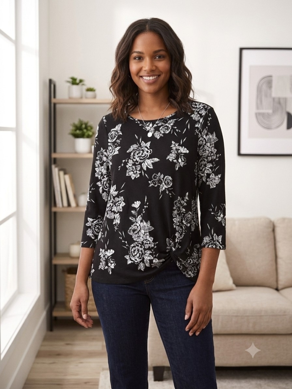 Penmans Black & White Floral Knot Front Top Size Large 3/4 Sleeve
